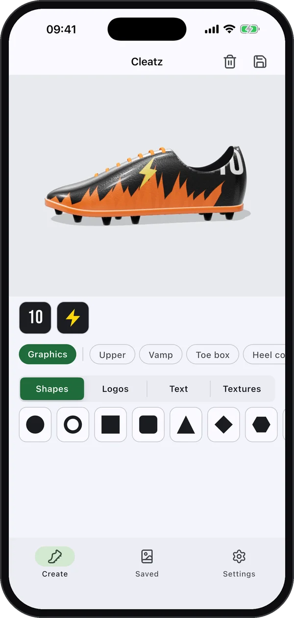 Black and orange flame football boot with a number 10 and a lightning bolt, side view in the Cleatz 3D boot designer