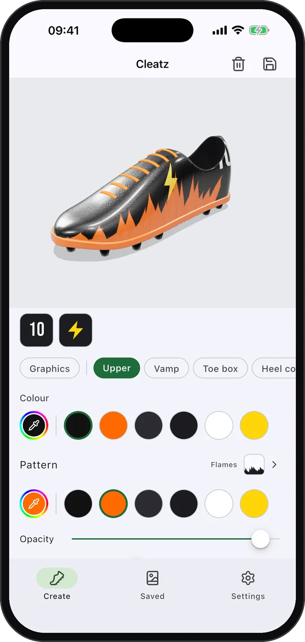 Colour and pattern controls for the upper of a black boot with orange flames